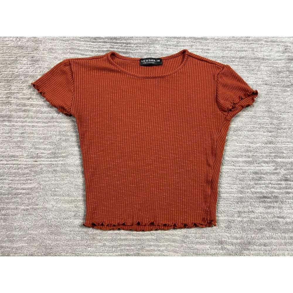 Liz & Sara Top Womens Medium Burnt Orange Short Sleeve Ribbed Rayon Blend